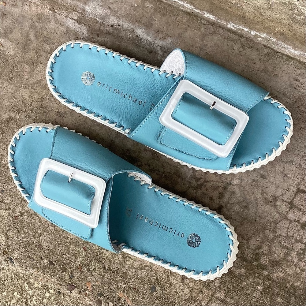ERIC MICHAEL Darla Velcro Leather Slide Baby Blue, Size 37 (US 6.5-7) NEVER WORN - Picture 8 of 8